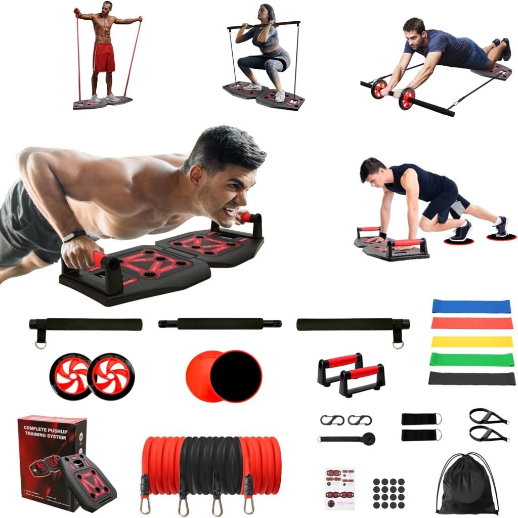 Push Up Board, Home Gym Equipment with 16 Fitness Accessories, Portable Workout Equipment with Pilates Bars, Resistance Bands, Abdominal Rollers and Core Sliders, Gift for Men and Women