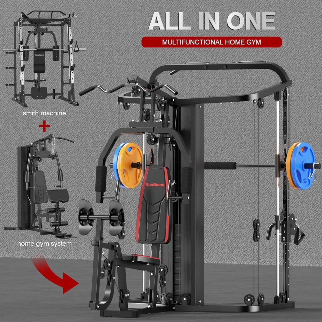 Multifunction Home Gym System Workout Station,Smith Machine with 138LB Weight Stack, Leg Press, LAT Station for Full Body Training (Home Gym Station)