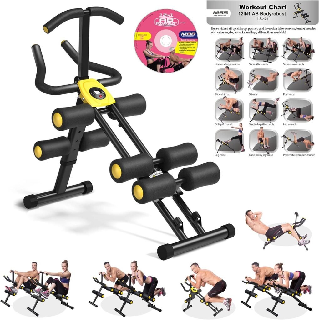 MBB 12 in 1 Foldable Ab Fitness Machine Core Trainer Equipment Height Adjustable Horse Riding Machine Thighs Buttocks Shaper Abdominal Leg Arm Exercises Home Gym Office Upgrade Yellow
